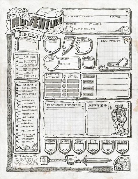 The Adventure Zone - Justin Gray, the creator of our logo (among other rad art) whipped up this custom-made character sheet! I love the Gerblin, watching stoically over the Notes field. Don’t touch those Notes! Dnd Character Sheet Custom, Rpg Character Sheet, Dnd Character Sheet, Character Sheet Template, Adventure Zone, The Adventure Zone, D Book, Dnd 5e Homebrew, Character Sheets