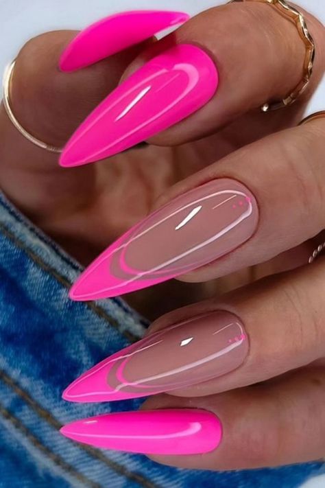 Bright French Nails, Bright Pink Nails, Pink Nail Colors, Hot Pink Nails, Almond Acrylic Nails, Pink Nail Designs, Pink Nail, Pink Acrylic Nails, Oval Nails