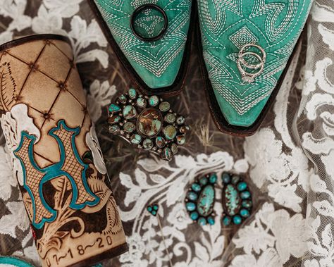 Turquoise Cowboy Boots Wedding, Country Wedding Detail Shots, Dark Teal Western Wedding, Black And Turquoise Western Wedding, Western Wedding Teal, Turquoise Western Wedding Theme, Teal Western Wedding, Western Turquoise Wedding, Western Wedding Turquoise