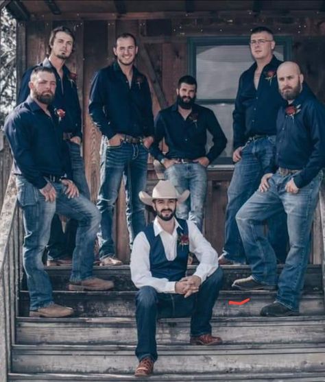 same concept different colors and no hat for groom Country Groomsmen Attire Jeans, Blue Jeans And Vest Wedding Grooms, Country Wedding Ideas For Men, Western Wedding Groomsmen Navy Blue, Dark Jeans Wedding Groom Attire, Groom And Groomsmen Western Attire, Rustic Groomsmen Attire Jeans Country, Jean Wedding Attire Groomsmen, Country Wedding Mens Attire