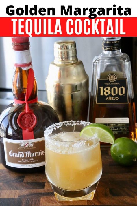 How to make an easy Golden Margarita. This Mexican cocktail recipe features gold tequila (reposado), Grand Marnier, lime juice and salt rim. Patron Margarita Recipe, Grand Marnier Drinks, Grand Marnier Margarita, Reposado Margarita, Cadillac Margarita Recipe, Golden Margarita, Mexican Cocktail, Gold Drinks, Tequila Cocktail