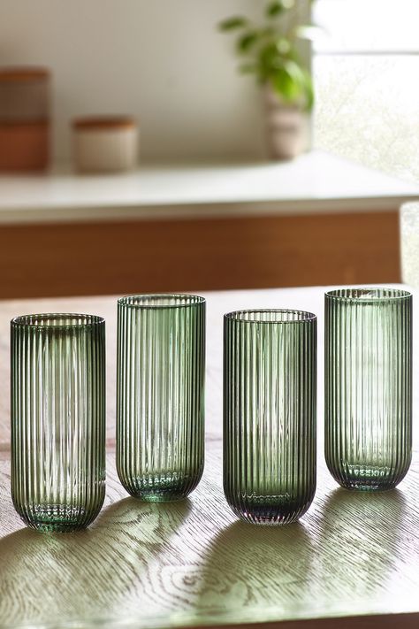 Buy Green Hollis Glassware Set of 4 Tall Tumbler Glasses from the Next UK online shop Glassware For Wedding, Cool Drinking Glasses, Glasswear Aesthetic, Cool Glassware, Cute Dishware, Cute Glassware, Cute Glass Cups, Kitchen Glasses, Pretty Glasses