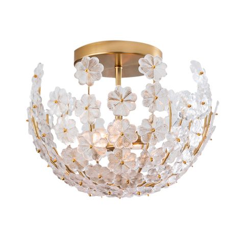 House & Home Steel Flowers, Cast Glass, Brass Fixtures, Semi Flush Ceiling Lights, Semi Flush Mount Lighting, Candelabra Bulbs, Glass Flowers, Flush Ceiling Lights, Semi Flush Mount