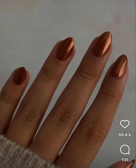 Gold Bronze Nails, Chrome Nails Bronze, Chrome Burnt Orange Nails, Rust Brown Nails, Bronze Acrylic Nails, Cognac Nails, Rust Chrome Nails, Bronze Nails Acrylic, Burnt Orange Chrome Nails