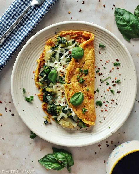 Vegan Omelette - Plantifully Based Tofu Omelette, Vegan Omelette, Mushroom Omelette, Weekend Brunch Recipes, Soy Recipes, Vegan Yogurt, Vegan Sausage, Nourishing Foods, Vegan Eggs