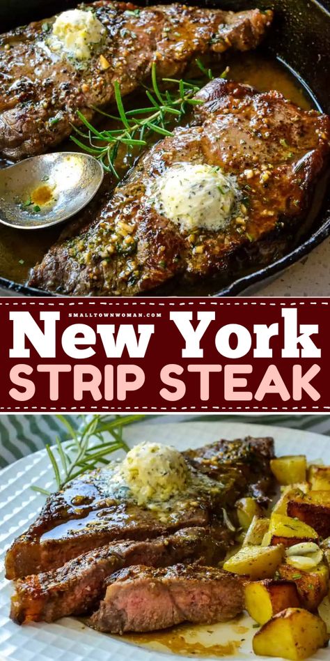 Impress family and guests with this easy dinner idea! This cast irons skillet recipe lets you have a foolproof New York Strip Steak. Seared then basted with garlic herb butter, this meat main dish is tender, juicy, and tasty! Ny Strip Steak Recipes Pan Seared, Strip Steak Recipe Oven, New York Steak Recipes, New York Steak Recipe, Steak Recipes Pan, Ny Strip Steak Recipes, Steak Recipes Pan Seared, Steak On Stove, Thyme Butter