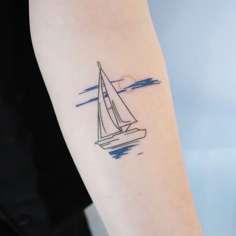 Comforting Tattoos, Catamaran Tattoo, Moutain Tattoos, Sailing Tattoo, Sailboat Drawing, Fandom Tattoos, Sailboat Tattoo, Boat Tattoo, Seahorse Tattoo