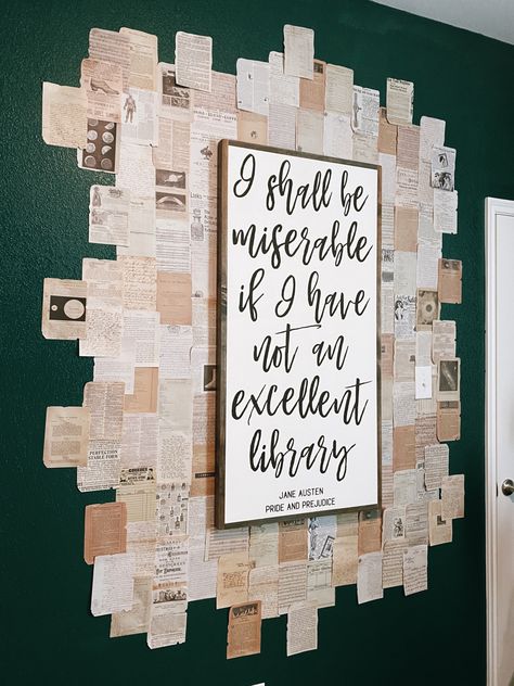 Accomplishment Wall Ideas, Old Book Pages Wall Decor, Wall Book Pages Decor, Unique Book Display Ideas, Book Page Wall Art, Newspaper Decor, Book Page Decor, Book Themed Bedroom, Book Door Decorations