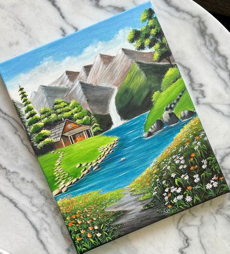 Painting Ideas On Canvas Nature Beautiful, Canvas Painting Nature Landscapes, Painting Ideas For Gifting, Water Paints Ideas, Travel Acrylic Painting, Canvas Landscape Painting Acrylics, Canvas Painting Landscape Acrylics, Landscape Ideas Painting Acrylics, Landscape Paintings Flowers