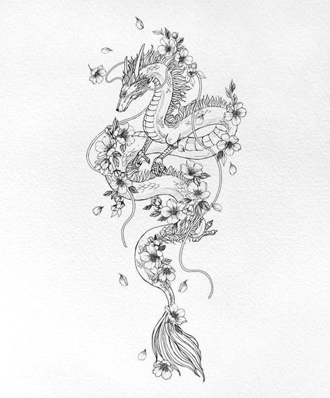 Open Sleeve Tattoo Woman, Sakura Dragon Tattoo, Haku Leg Tattoo, Lucky Dragon Tattoo, Dragon Vine Tattoo, Haku Dragon Tattoo, Dragon Tattoo With Flowers, Sakura Dragon, Dragon Tattoo Back