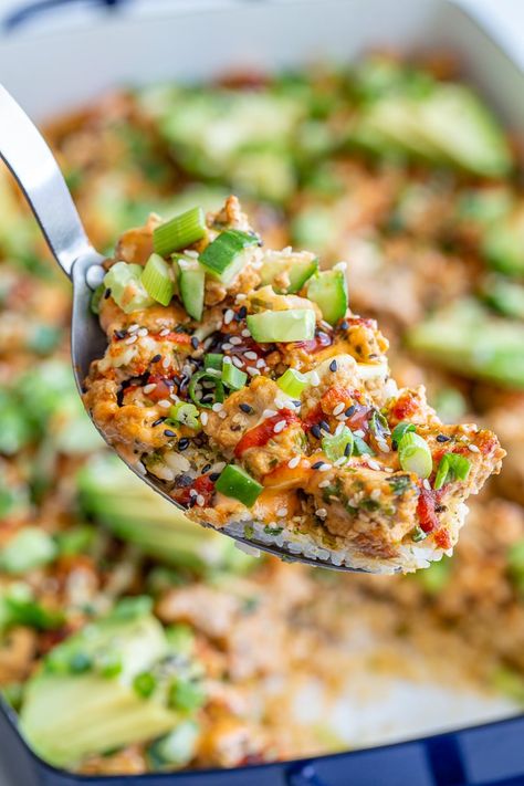 This Vegetarian Sushi Bake is my take on the VIRAL trend that has been ALL over Tiktok and Instagram for many months! Instead of fish, we're using a simple tofu mixture to keep this close to the original BUT fully meat and seafood free. Vegetarian Meal Prep For The Week Dinner, Vegan Sushi Bake Recipe, Veggie Sushi Bake, Vegetarian Dinners For Family, Vegetarian Sushi Bake, Vegetarian Whole Food Recipes, Vegan Hawaiian Food, Vegan Sushi Bake, Make Ahead Vegetarian Meals