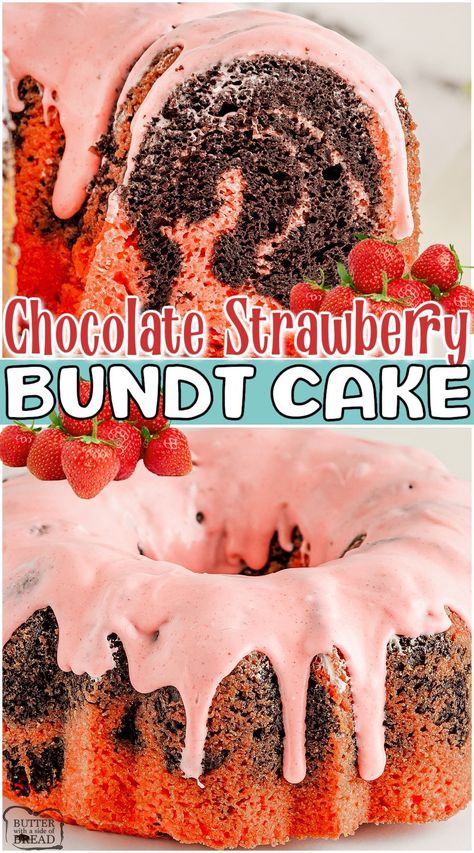 bundt cake, chocolate, strawberry Bundtinis Recipe, Strawberry Bundt Cake Recipes, Senior Cakes, Easy Strawberry Bundt Cake, Creative Dessert Ideas, Strawberry And Chocolate Cake, Strawberry Bundt Cake, Chocolate Bundt Cake Recipe, Strawberry Chocolate Cake