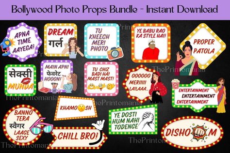 Set of 15 - Bollywood theme photo props, bollywood props, bollywood photo props, haldi props, mehndi props, dholki photo props, sangeet props, indian wedding photo props, indian desi photo booth props, Instant Download, Printable, Print your own, DIY, Indian Party Signs, Celebrations, Desi Style, Party Sharty, Colourful Celebrations, PDF File Hello! ☺ Welcome to ThePrintomania♥ ♥ You can INSTANT DOWNLOAD your  "Bollywood Photo Booth Props" once you place the order♥   Use these Bollywood theme ph Sangeet Props, Diwali Props, Bollywood Props, Bollywood Photo Booth, Bollywood Theme Party Decoration, Haldi Props, Mehndi Props, Bollywood Theme Party, Bollywood Theme