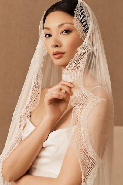 Bride Hairstyles With Veil Long, Scalloped Veil, Bride Hairstyles With Veil, Veil Headpiece, Tulle Veil, Sleek Updo, Anthropologie Wedding, Tulle Veils, Bridal Elegance