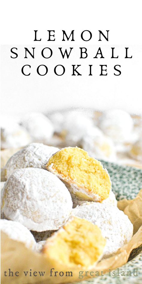 Lemon snowball cookies are melt in your mouth shortbread coated in powdered sugar ~ like little bursts of sunshine on your holiday cookie platter! #christmas #christmascookies #shortbread #mexicanweddingcookies #russianteacakes Lemon Snowball Cookies, Melt In Your Mouth Shortbread, Russian Teacakes, Russian Tea Cookies, Nut Free Cookies, Platter Christmas, Snowball Cookie Recipe, Basic Cookies, Cookie Platter