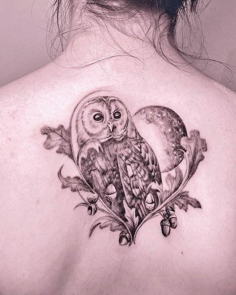 Pagen Tattoos For Women, Owl Moon Tattoo, Moon Tattoo For Women, Owl And Moon Tattoo, Owl Tattoo For Women Unique, Night Owl Tattoo, Tree Tattoo Chest, Hen Tattoo, Mens Owl Tattoo