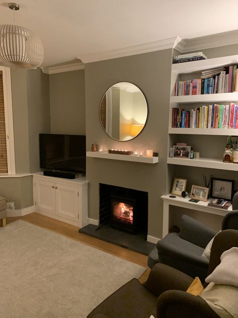 Farrow And Ball Hardwick White, Shelving Fireplace, Hardwick White, Alcove Shelves, Alcove Shelving, Inset Stoves, Farrow And Ball, Log Burner, Gas Fires