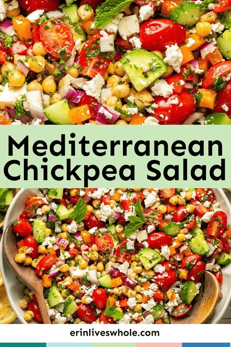 Fill up on this healthy Mediterranean Chickpea Salad for a nutrient-dense and complete meal. The dish includes a homemade olive oil dressing for extra flavor! Ready in under 15 minutes. Wholesome Salads, Homemade Olive Oil, Simple Soups, Diet Salad, Mediterranean Salad Recipe, Mediterranean Chickpea, Mediterranean Chickpea Salad, Olive Oil Dressing, Oil Dressing