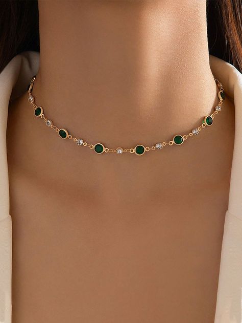 Dark Green Elegant Collar  Iron Alloy   Embellished   Wedding & Event Gold Jewelry Emerald, Emerald Jewelry Necklace, Emerald Choker, Emerald Green Jewelry, Collar Verde, Female Necklace, Retro Necklace, Edgy Jewelry, Choker Jewelry