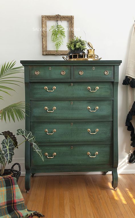 Empire Dresser Painted with a Layered Technique with Annie Sloan Chalk Paints by Salvaged Inspirations Empire Dresser Makeover, Dresser Room, Green Buffet, Green Chest Of Drawers, Empire Dresser, Bar Hutch, Mahogany Dresser, Green Painted Furniture, Painting Ikea Furniture