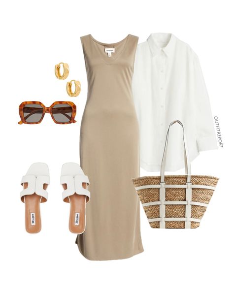 Casual Slides Outfit, Maxi Dress Outfit Casual Summer, Maxi Dress Outfit Casual, Mode Zendaya, Dress Outfit Casual, Handbag Big, Maxi Dress Outfit, Summer Closet, Beige Dress