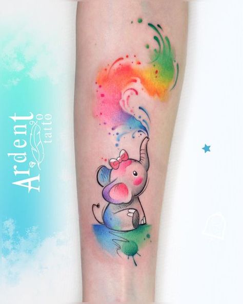 Watercolour Tattoo Designs, Water Colour Tattoo Designs, Small Colour Tattoo, Watercolor Art Tattoo, Watercolor Animal Tattoo, Watercolor Tattoo Design, Rome Tattoo, Feather Arrow Tattoo, Colorful Elephant Tattoo