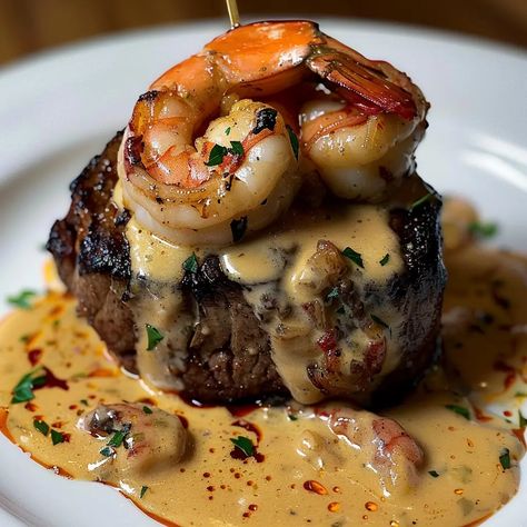 Filet Mignon with Shrimp and Lobster Cream Sauce Food Recipes For Dinner Healthy Low Carb, Steak Michelin Star, Steak With Lobster Topping, Dinners He Will Love, Shrimp For Dinner Recipes, Steak With Lobster Sauce, Filet Mignon Dinner Ideas Sides, Romantic Steak Dinner For Two, Fancy Seafood Recipes