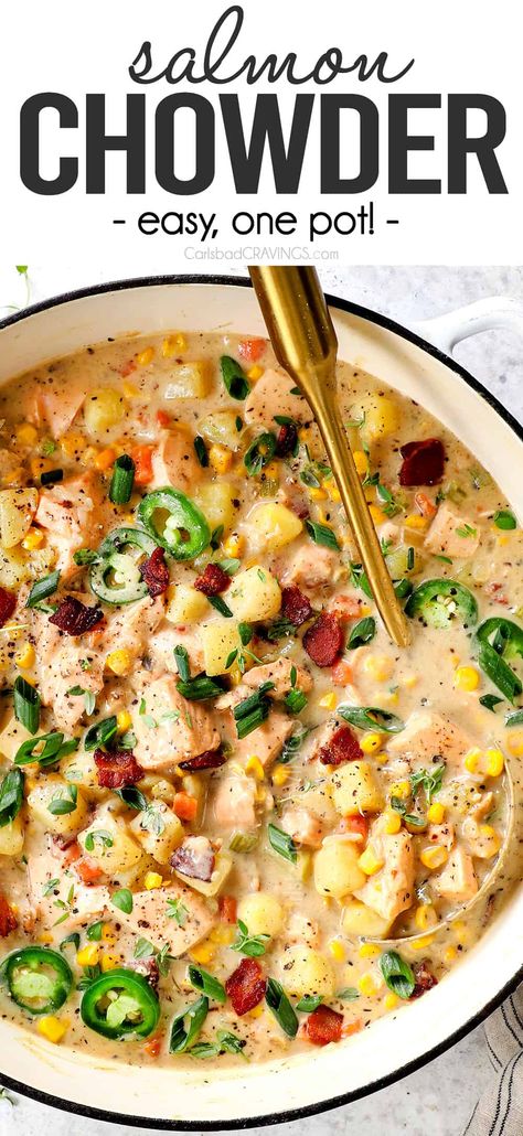 Easy Salmon Chowder + VIDEO (Make Ahead Friendly) Salmon And Corn, Pork Medallion Recipes, Salmon Chowder Recipe, Smoked Salmon Chowder, Buttery Potatoes, Salmon Chowder, Pork Medallions, Keto Soups, Recipe Salmon