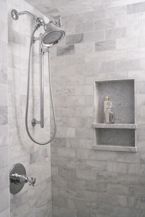 Niche with slabs jutting out past wall...Interior design by Heather Garrett Interior Design. Tile Shower Niche, Bad Inspiration, Shower Niche, Bathroom Shower Tile, Shower Surround, Upstairs Bathrooms, Bathroom Redo, Marble Tile, Laundry In Bathroom