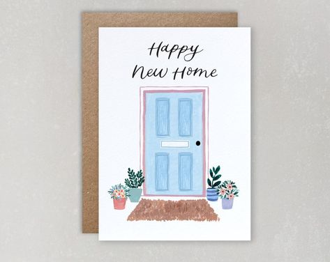 Happy New House Card, Watercolor Housewarming Card, New Apartment Card, Housewarming Cards Diy, New Home Watercolor Card, New House Cards Handmade, New Home Card Ideas, New Home Drawing, House Warming Cards