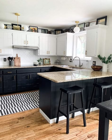 Black And White Kitchen Update, Black White Cream Kitchen, Black Walls Kitchen White Cabinets, Black Kitchen Cabinets White Backsplash, Black White Gray Tan Kitchen, Half Black Half White Kitchen Cabinets, All White Kitchen With Black Accents, White And Black Kitchen Backsplash Ideas, Black And White Boho Kitchen Decor