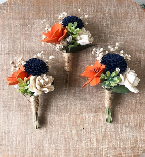 Orange Sunrise Collection Wood Flower Boutonnière Orange | Etsy Blue Orange Weddings, Orange Boutonniere, Orange Sunrise, Navy Wedding Flowers, Faux Boxwood, Wood Flower Bouquet, Orange Bouquets, Orange Wedding Flowers, Burnt Orange Weddings