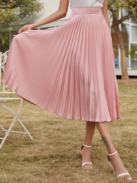 Solid High Waist Pleated Skirt | SHEIN USA Ankle Length Dress Casual, Dusty Pink Style, Unique Outfit Ideas, High Waist Pleated Skirt, Accordion Skirt, Split Hem Skirt, Pleated Fashion, Pink Pleated Skirt, Rok Plisket