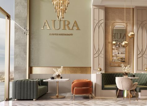 AURA LOUNGE AND RESTAURANT on Behance Spa Room Decor, Spa Interior Design, Salon Suites Decor, Desain Pantry, Clinic Interior Design, Luxury Restaurant, Salon Interior Design, Boutique Interior, Cafe Interior Design