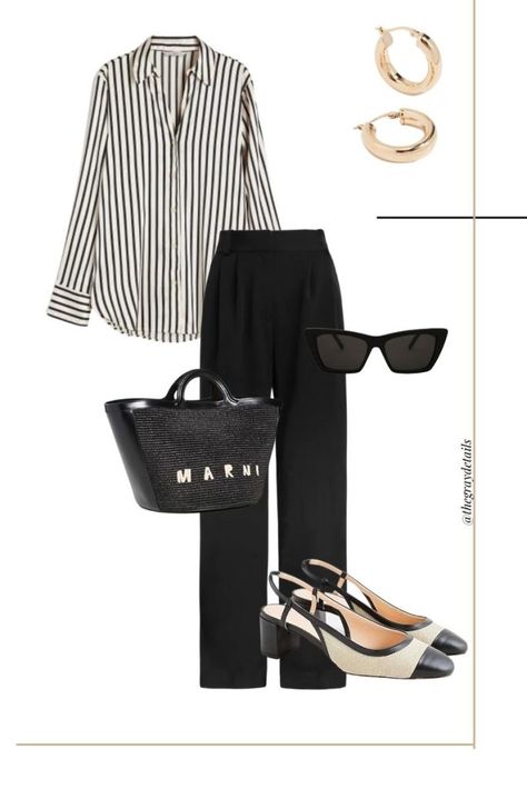 Striped Shirt Outfit Black And White, Outfit Ideas With Striped Shirt, Black White Work Outfit, Black Trousers Spring Outfit, Black Shirt White Stripes Outfit, Black Striped Blouse Outfit, Black Trousers With White Shirt, Black And White Office Outfits Women, Striped Black And White Shirt Outfit