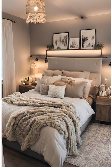 Rustic Glam Bedroom Master Suite, Gray White Tan Bedroom, Calming Bedroom Decor Cozy, Colorful Bedroom Ideas For Adults Cozy, Grey Cosy Bedroom, Bedroom Style Ideas Cozy, Room Ideas Grey Bed, Neutral Bedroom With Grey Bed, Boyfriend Girlfriend Bedroom Ideas