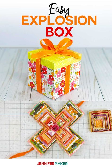 Make an Easy Explosion Box Card with this Tutorial and Free Template and SVG Cut File #papercrafts #cricut #cardmaking #cricutmade Exploding Box Template, Explosion Box Ideas, Diy Exploding Box, Explosion Box Tutorial, Explosion Card, Birthday Explosion Box, Exploding Gift Box, Cricut Patterns, Box Cards Tutorial