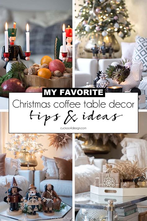 My Christmas coffee table decor ideas and tips will help you to easily create beautiful Christmas vignettes that are interesting and unique. #Christmasdecor #Christmasvignette #Christmascoffeetable #Christmascoffeetabledecor Christmas Decoration For Coffee Table, How To Style A Coffee Table Tray For Christmas, Christmas Coffee Tablescapes, Decorating A Coffee Table For Christmas, Christmas Decorations Coffee Table, Square Coffee Table Christmas Decor, Christmas Coffee Table Styling, Round Coffee Table Christmas Decor Ideas, Christmas Coffee Table Ideas