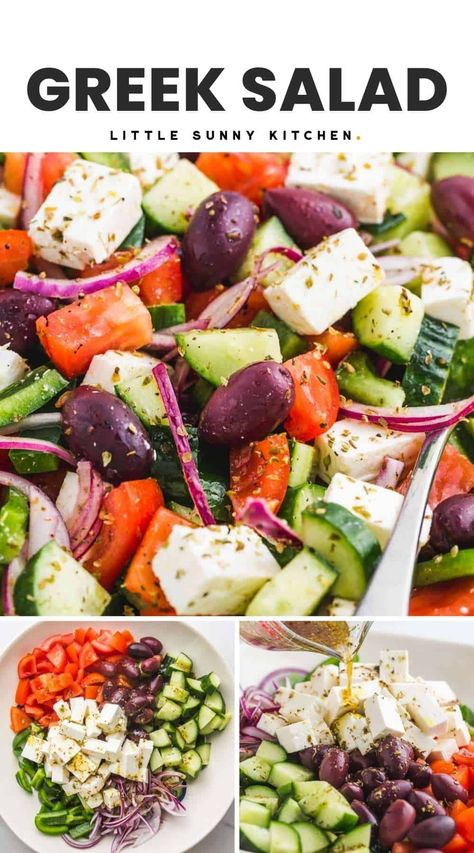 This classic Greek Salad is the same one that's enjoyed all over the Greek Isles. Fresh vegetables, savory feta cheese, and kalamata olives are dressed with a simple Greek vinaigrette. Green Greek Salad, Mediterranean Side Salad Recipes, Greek Salad No Tomato, The Best Greek Salad, Traditional Greek Salad Recipe, Diy Greek Salad, Simple Greek Salad Dressing, Paleo Greek Salad, Greek Salad Easy