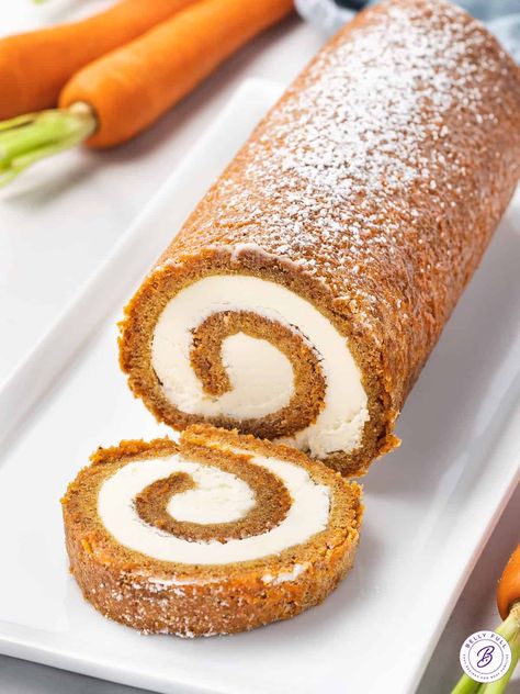 Carrot Cake With Cream Cheese Filling, Swiss Roll With Cream Cheese Filling, Sweet Potato Cake Roll, Rolled Cakes With Designs, Red Velvet Roll Cake Recipe, Cake Rolls With Box Cake, Cake Roll Ideas, Cake Rolls Recipes, Carrot Cake Roll Recipe