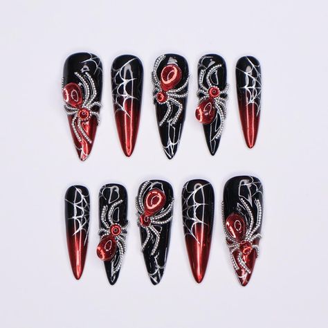 Inspo : internet Art work: lilynailsart  Photo: lilynailsart ------- Hello, lovely!  Greetings and welcome to my store. Hope you find a style you like.  🍁 𝐌𝐚𝐭𝐞𝐫𝐢𝐚𝐥: I only work with high quality materials to create sturdy & long-lasting luxury press on nails that you can trust on. My nails will last for: 1- 2 days using adhesive tab (provided with the nail set) 2- 3 weeks using nail glue. You can reuse all of the nails multiple times if you take care of them. Follow the instructions pro Long Stiletto Nails Halloween, Halloween Nails Black And Red, Spooky Sets, Red And Black Nails, Spider Nails, Red Spider, Luxury Press On Nails, Halloween Press On Nails, Long Stiletto