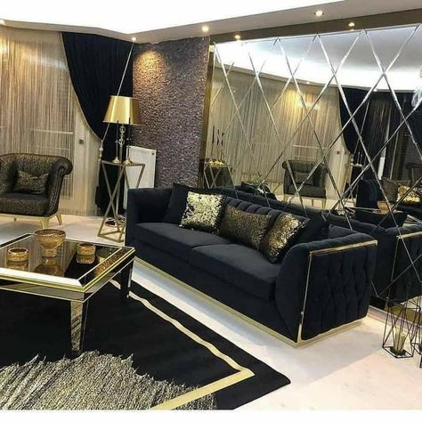 Black And Gold Interior Design, Black Furniture Decor, Black Sofa Living Room Decor, Black Sofa Living Room, Black And Gold Living Room, Gold Living Room Decor, Luxury Sofa Living Room, Black Living Room Decor, Luxury Sofa Design