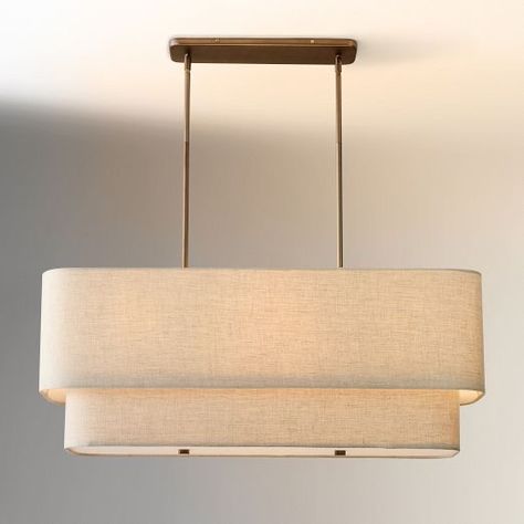 West Elm Chandelier, Contemporary Chandeliers, Indoor Lighting Fixtures, Modern Chandeliers, Island Lights, Linear Chandelier, Island Lighting, Linen Shades, Modern Table