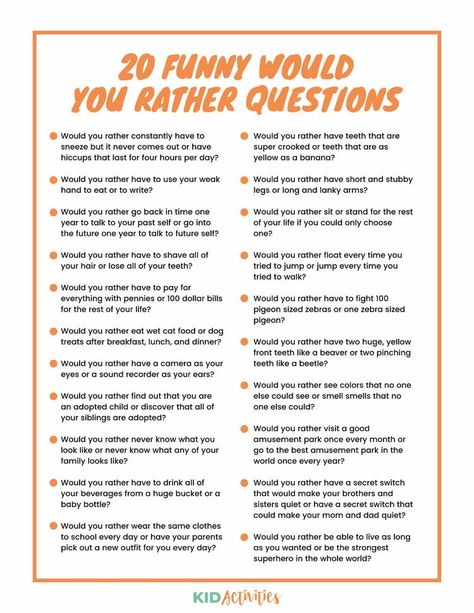 Funny Would You Rather, Questions For Kids, Kids Questions, Rather Questions, Would You Rather Questions, Fun Questions To Ask, Team Building Activities, Kid Activities, Would You Rather