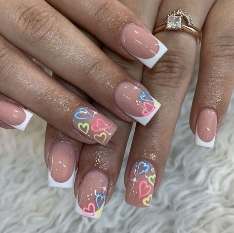 Multicoloured Nails, Holiday Acrylic Nails, Builder Gel Nails, Colored Acrylic Nails, Girly Acrylic Nails, Work Nails, French Tip Acrylic Nails, Short Square Acrylic Nails, Acrylic Nails Coffin Pink