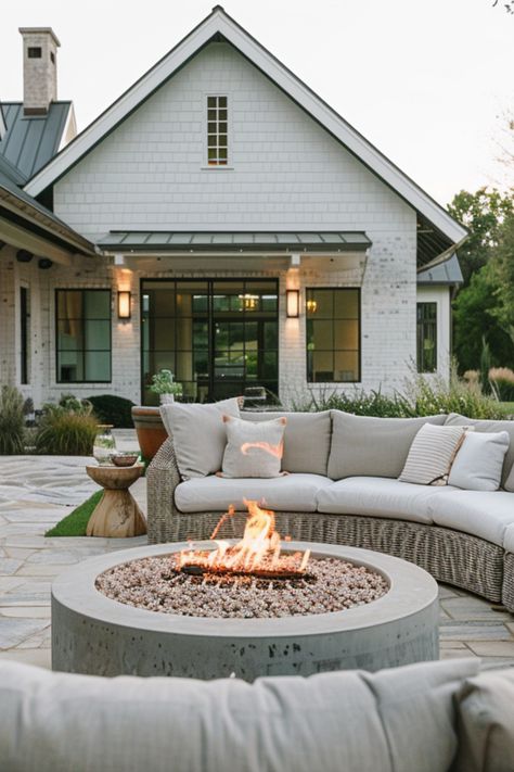 A fire pit serves as a focal point and gathering spot on cool evenings. It adds warmth and ambiance, making your patio a year-round destination for relaxation and socializing. Patio With Fire Pit And Hot Tub, Outdoor Patio And Fire Pit, Patio Extension Ideas With Fire Pit, Fire Pit On Concrete Patio, Stamped Patio Ideas, White House Backyard, Fire Pit On Patio, Fire Pit By Pool, Round Patio Ideas