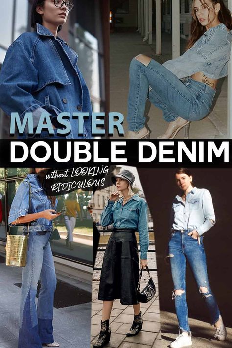 Mix Denim Outfit, How To Wear Double Denim, Denim To Denim Outfit Style, Double Denim Outfit 2023, Mix Match Denim Outfit, How To Style Denim On Denim, Denim Tuxedo Women, Mismatched Denim Outfit, Denim And Denim Outfit