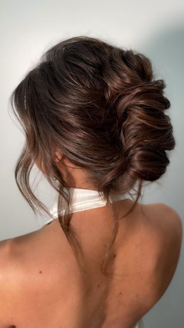 Bridal Hair Updo French Twist, Open Back Bridesmaid Dress Hairstyles, Soft Bridal Hair Updo, Wedding Updos For Medium Hair Brown, Bridesmaid Hair Updo High Neck Dress, High Neck Wedding Hairstyles, Bridal Hair With High Neckline Dress, High Neck Updo Hairstyles, Up Do For High Neck Dress