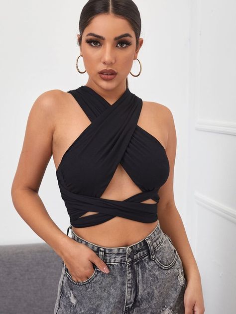 Get discounts for Cross Wrap Front Tie Back Halter Top and find more styles you'll enjoy.✓Students get an extra 15% off.✓Free Shipping on orders over CA$49+ Halter Tops Outfit, Swimsuits Outfits, Womens Halter Tops, Kleidung Diy, Top Halter, Women Tank Tops, Shein Style, Looks Vintage, Wrap Top