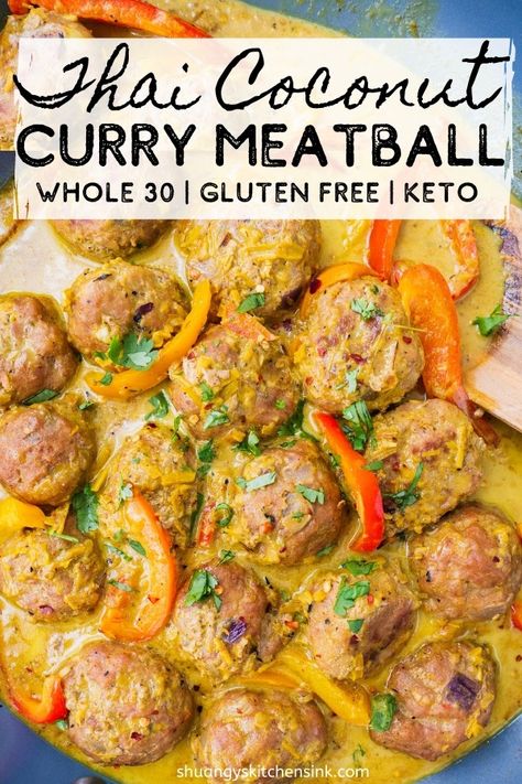 Meatballs Whole 30, Coconut Curry Meatballs, Coconut Curry Chicken Meatballs, Curry Chicken Meatballs, Comfort Food Healthy, Thai Coconut Curry, Curry Meatballs, Whole30 Dinners, Thai Coconut